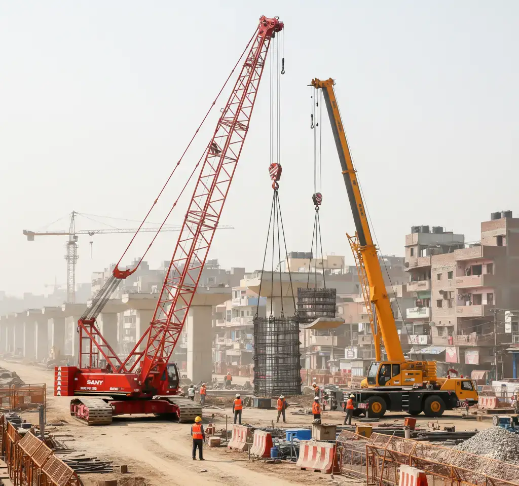 Construction cranes working on metro infrastructure project