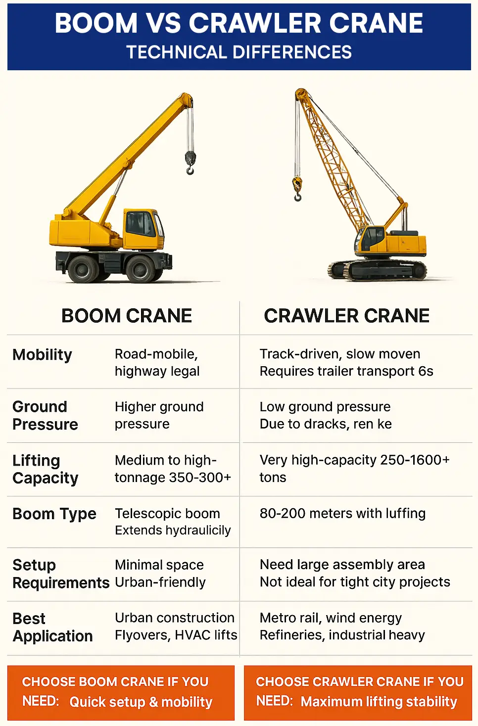Comparison between a boom crane and crawler crane at construction sites