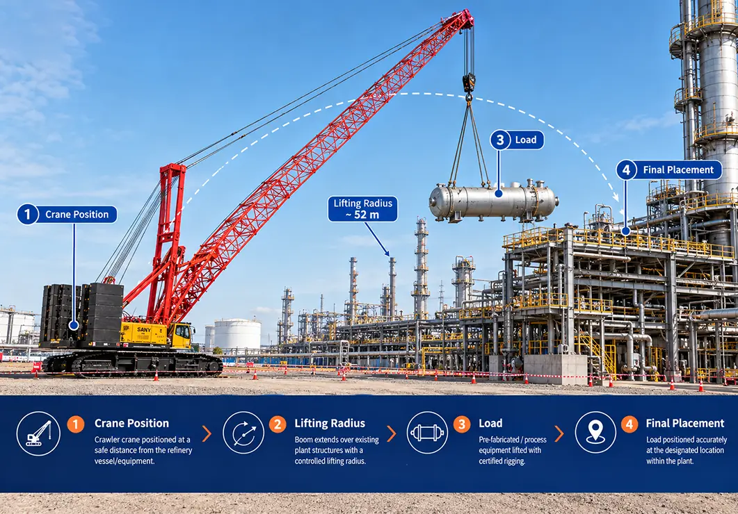Crane lifting vessel at extended radius inside refinery