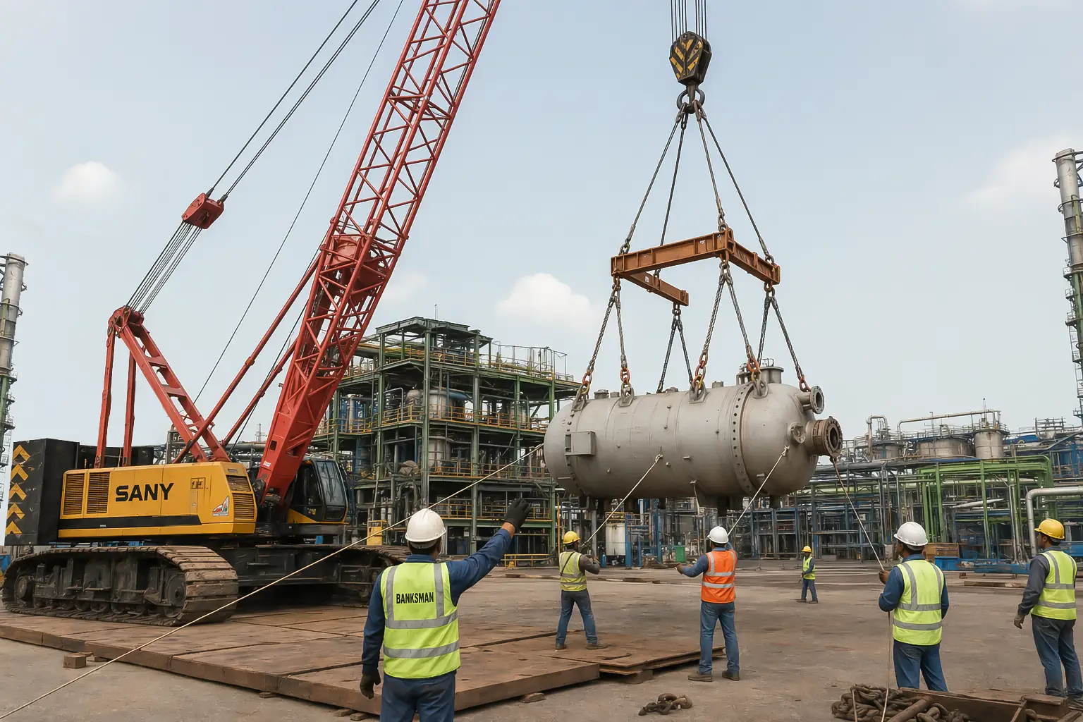 Crawler crane lifting heavy equipment in Mumbai industrial zone