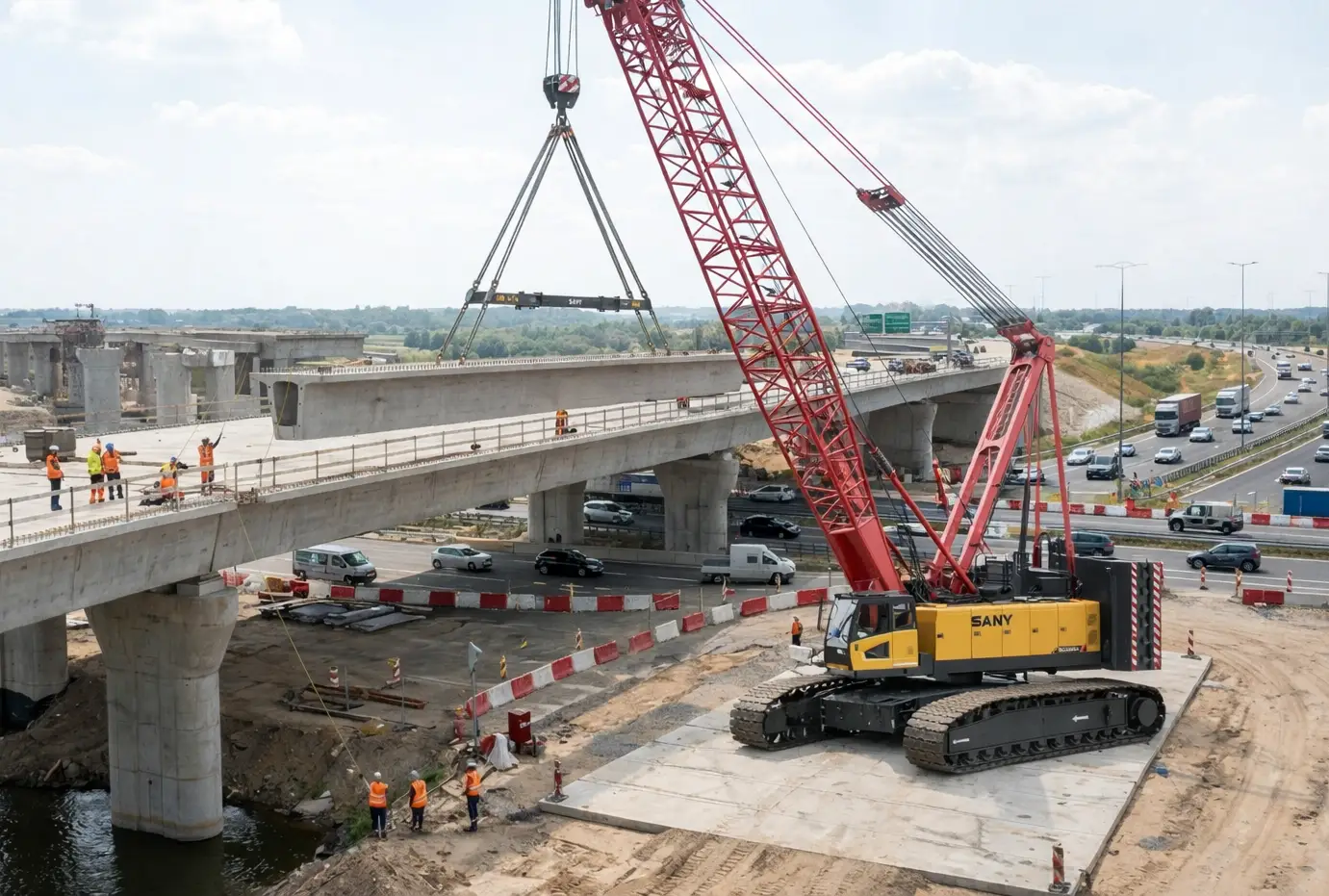 Heavy crawler crane lifting precast bridge girder during highway bridge construction in India