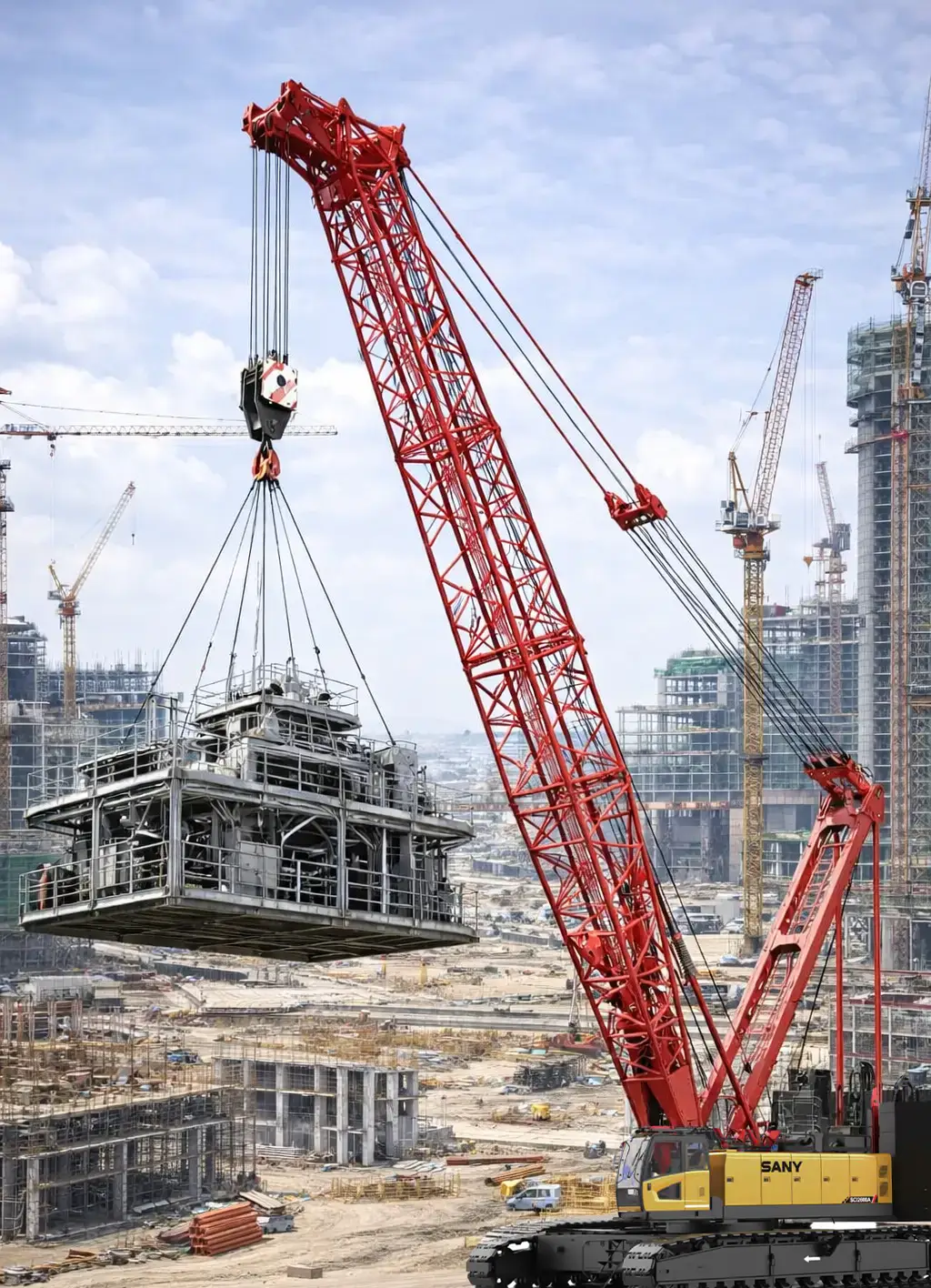 Crawler crane lifting heavy industrial equipment module during infrastructure project installation