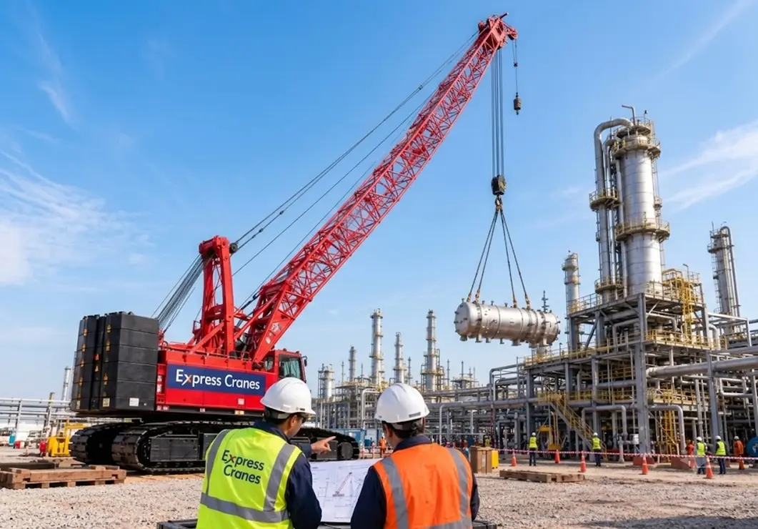 Engineers reviewing crane lift plan before refinery shutdown lifting