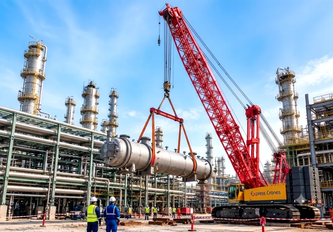 Crane lifting heat exchanger during refinery shutdown