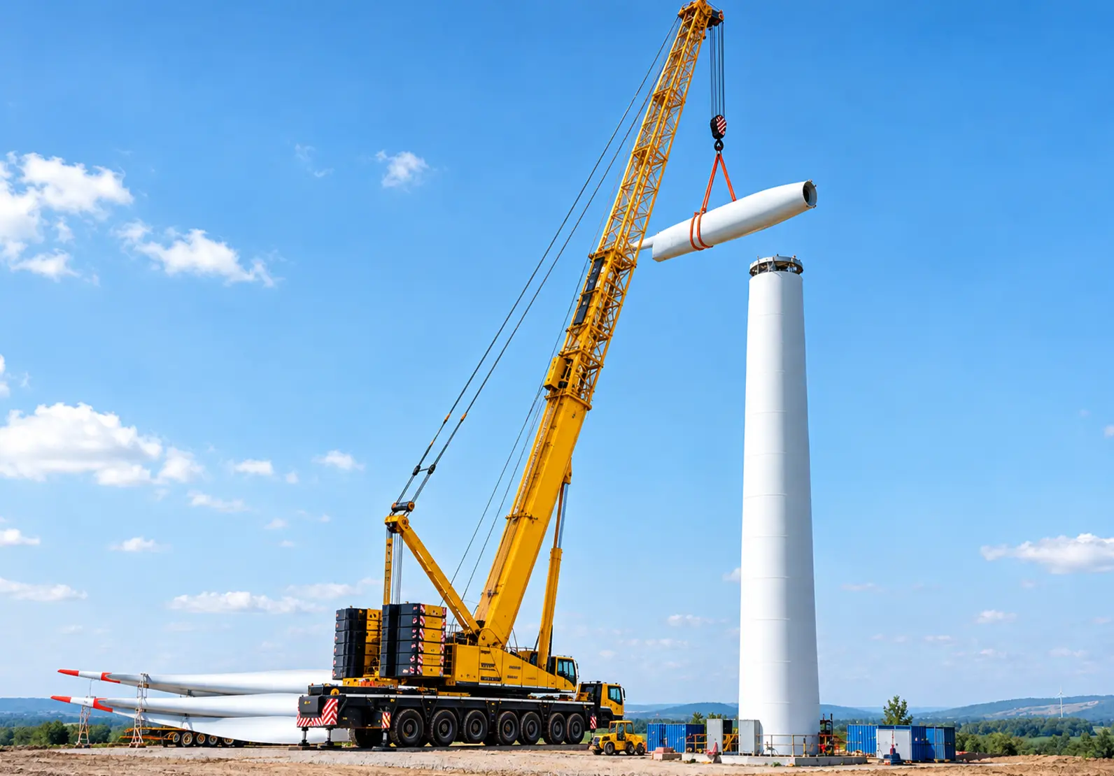 Heavy crane lifting wind turbine nacelle during installation