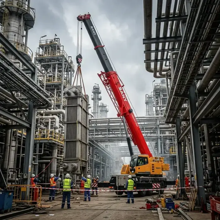 Telescopic crane performing heavy equipment lifting during industrial plant shutdown in Navi Mumbai