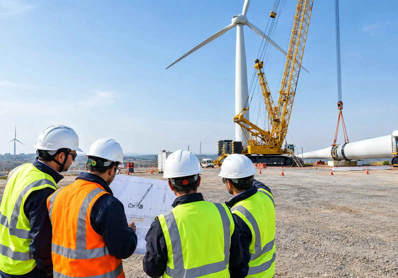 Engineers reviewing crane lift plan for wind turbine installation