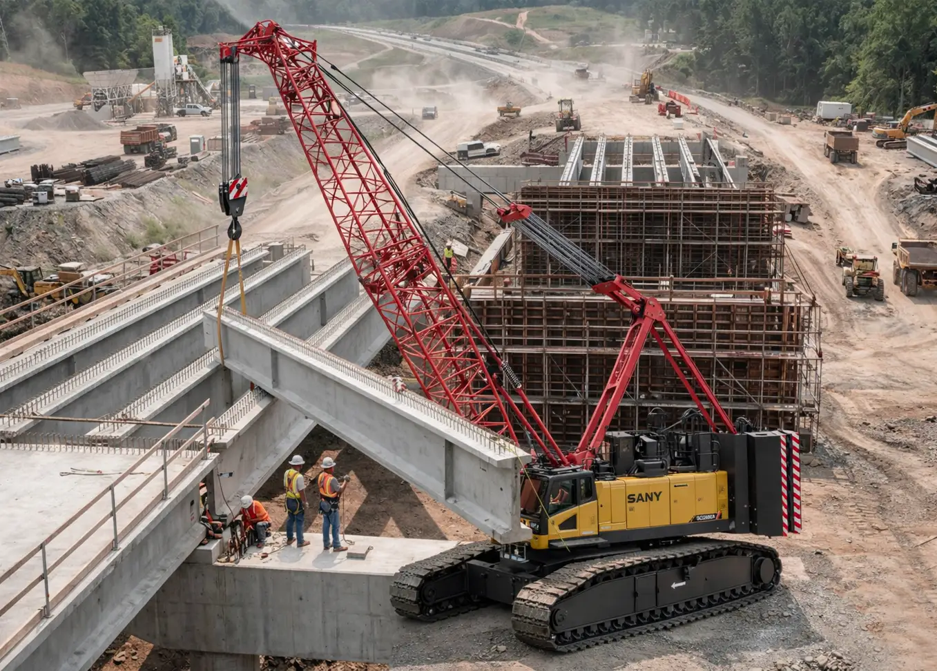 crawler crane installing multiple bridge girders in sequence during infrastructure project