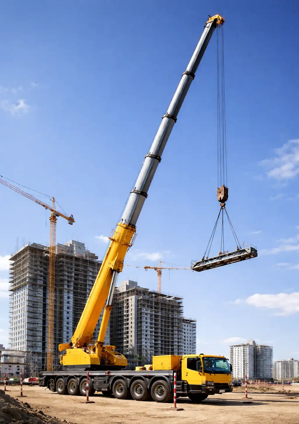 Telescopic crane extended to height showing capacity change with boom length